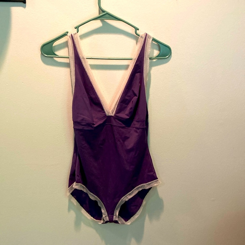 Purple with white lace, trim, purple bodysuit
